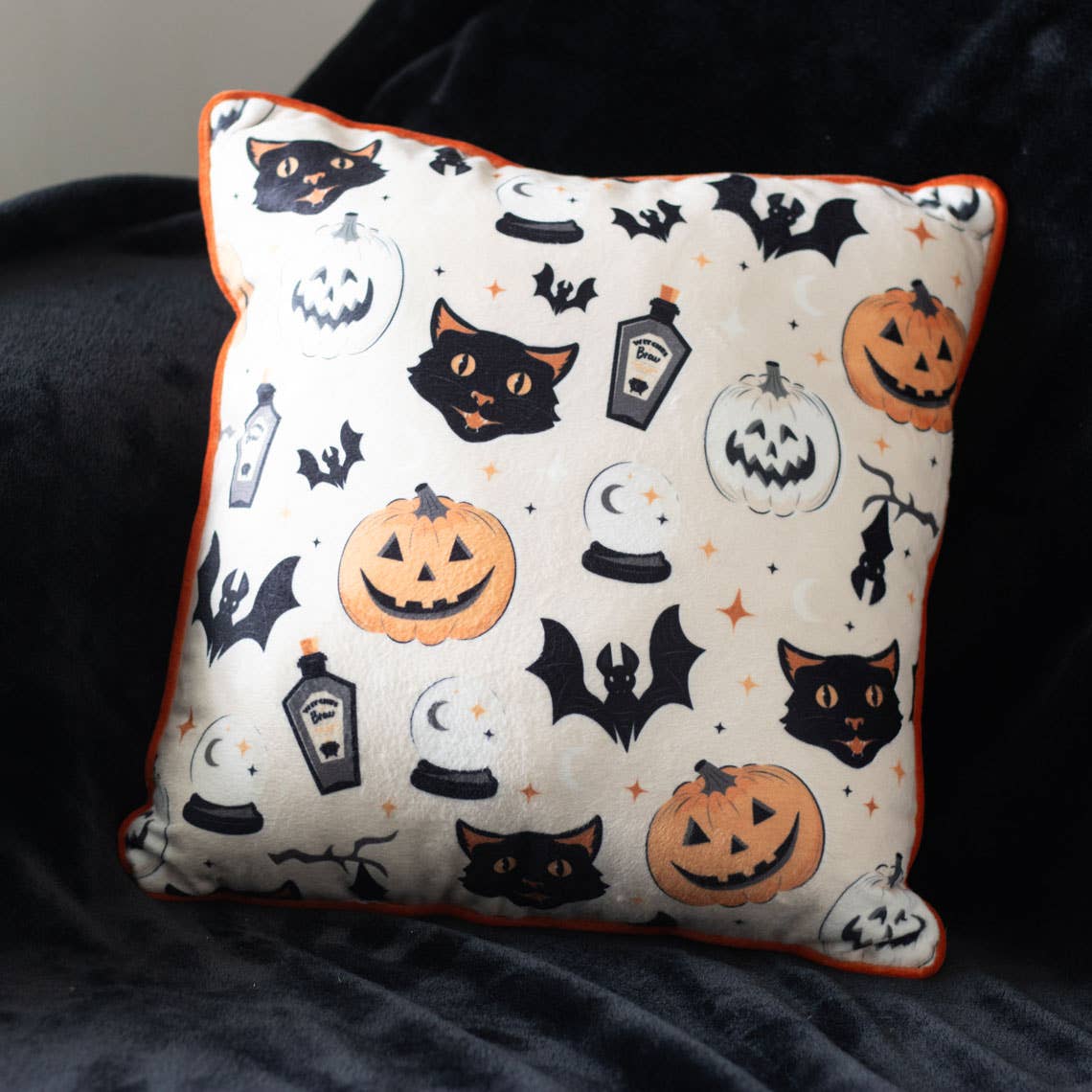 35cm Square Spooky Cat and Pumpkin Halloween Print Cushion