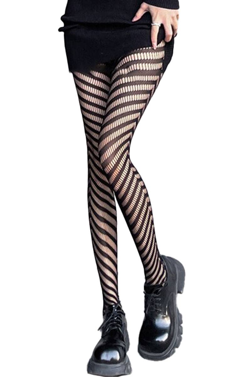 High Rise Diagonal Stripe Chevon Net Sheer Tight Pantyhose
