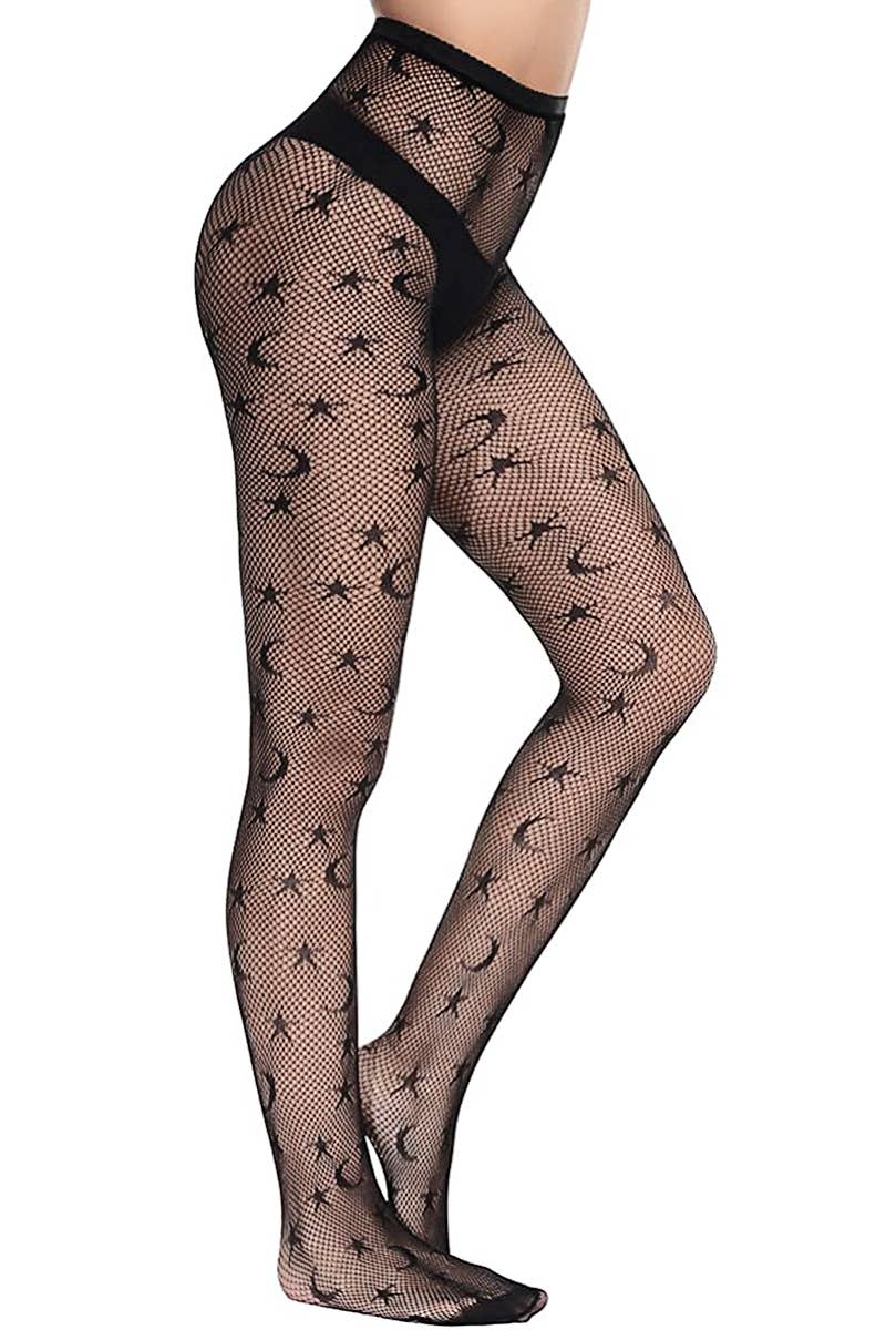 High Rise Moon & Star Lace Fishnet Sheer Tight Pantyhose