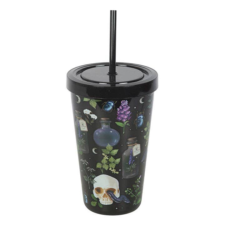 Venom & Vines Gothic Skull Print Tumbler with Straw
