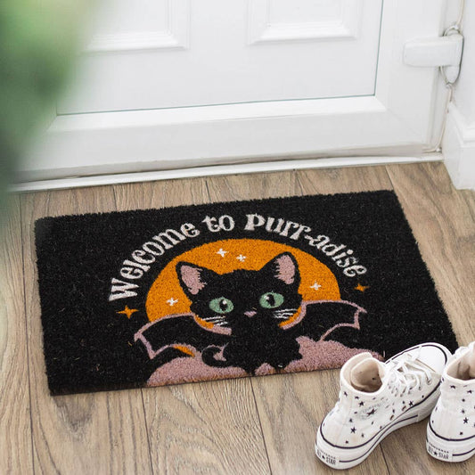 Black Welcome to Purr-adise Gothic Bat Cat Doormat