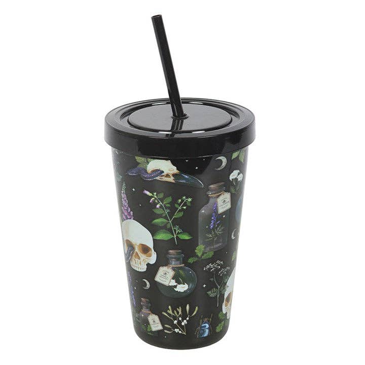 Venom & Vines Gothic Skull Print Tumbler with Straw