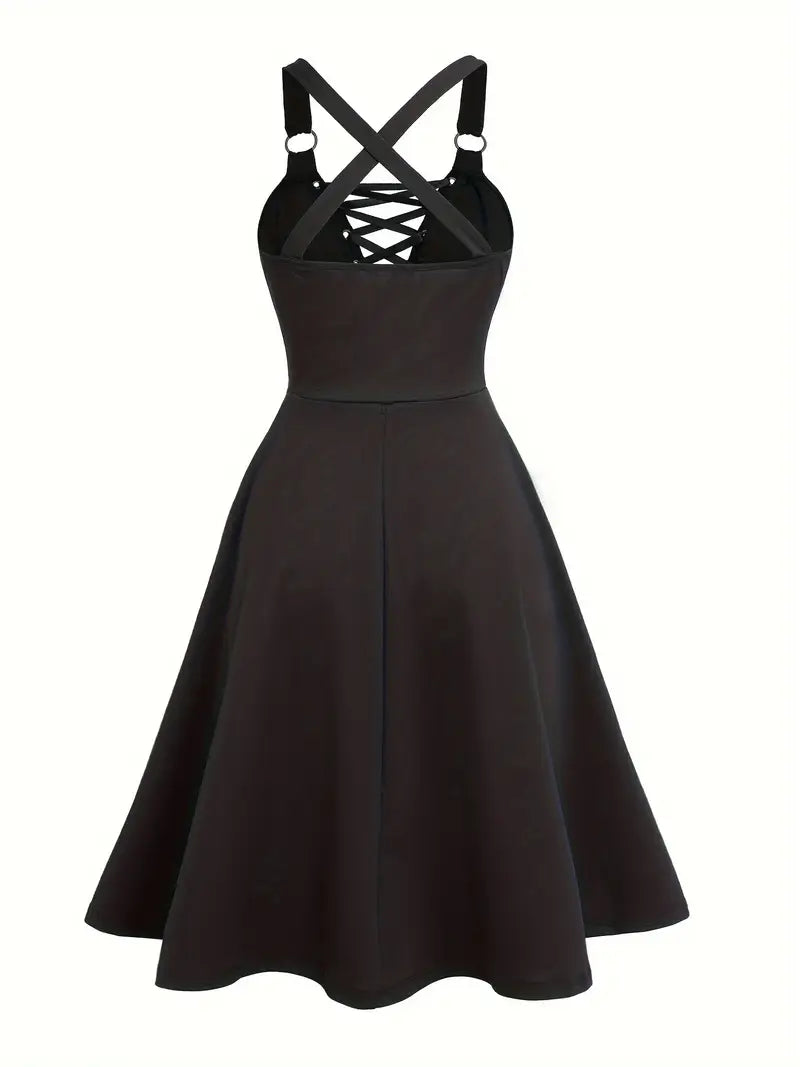 Sleeveless A-Line Dress with Crisscross Lace-Up Straps – V-Neck, Stretchy Polyester Blend