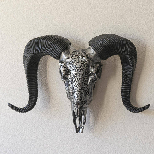 14982 Carved Silver Ram Decorative Skull