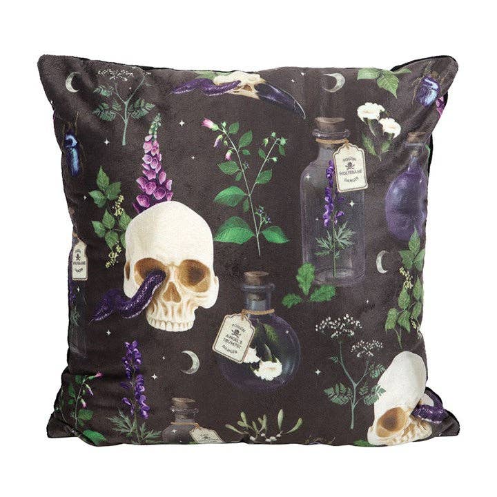 35cm Square Venom & Vines Gothic Skull Print Cushion