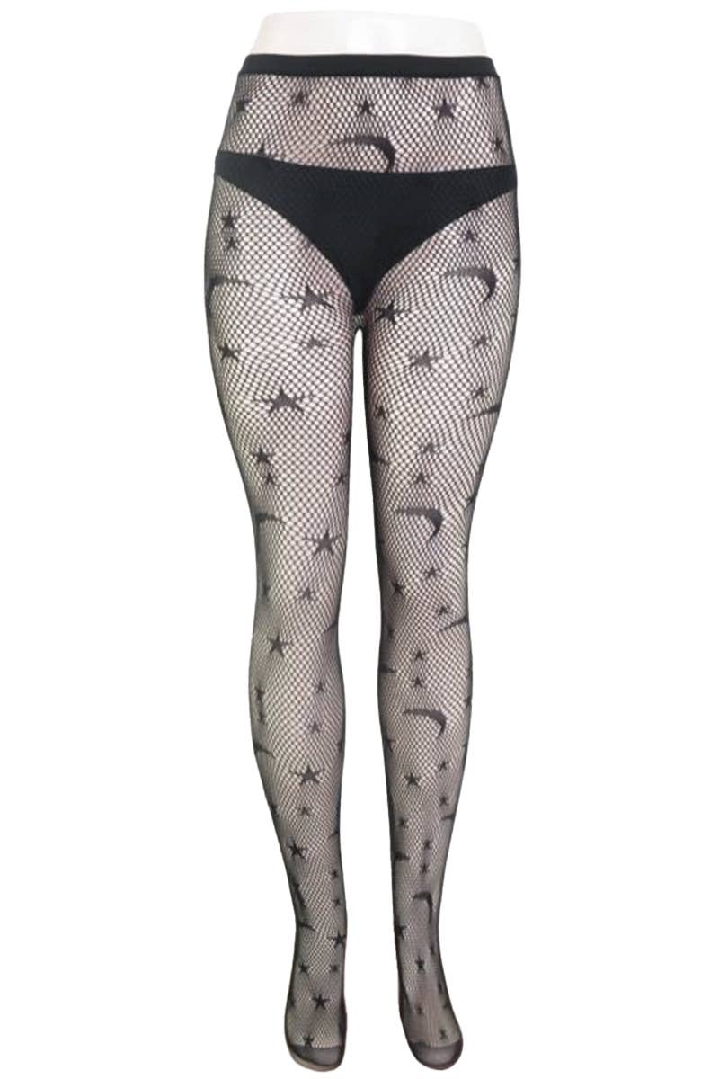 High Rise Moon & Star Lace Fishnet Sheer Tight Pantyhose