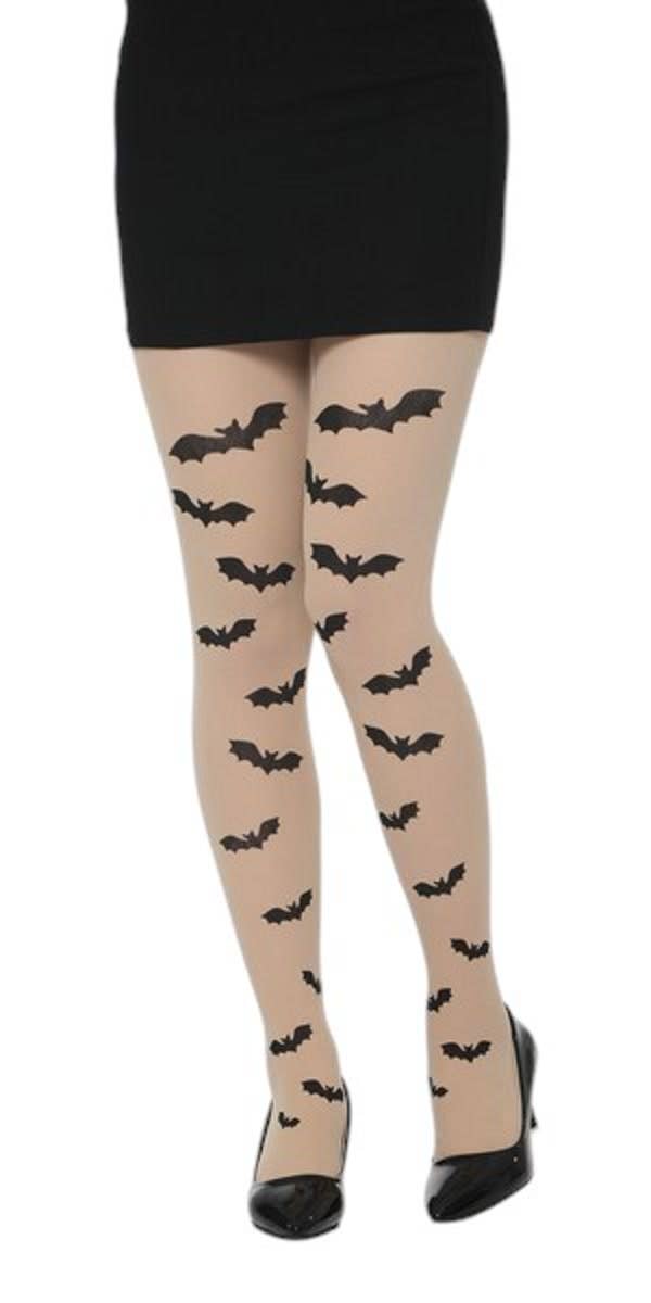 Nude Tights with Flying Bat Print — One Size Fits Most