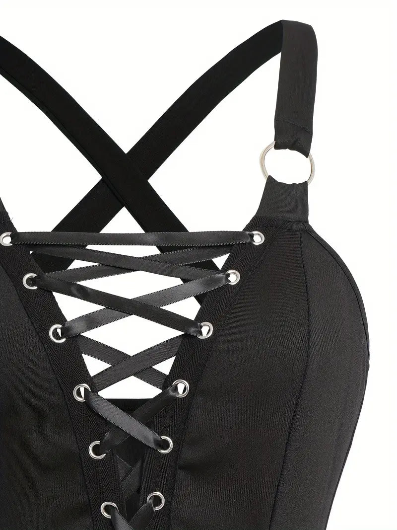Sleeveless A-Line Dress with Crisscross Lace-Up Straps – V-Neck, Stretchy Polyester Blend
