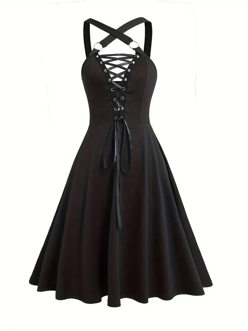 Sleeveless A-Line Dress with Crisscross Lace-Up Straps – V-Neck, Stretchy Polyester Blend
