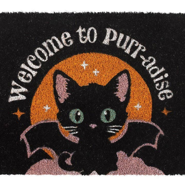 Black Welcome to Purr-adise Gothic Bat Cat Doormat