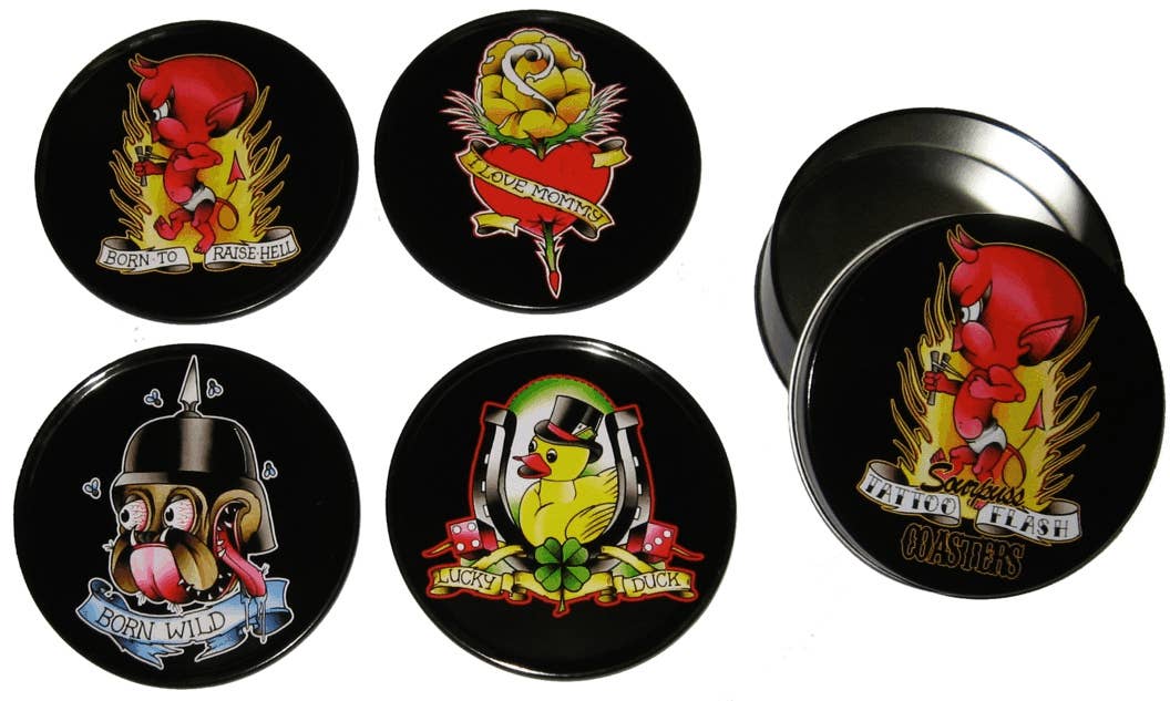 Coaster - Sourpuss - Tattoo Flash Cartoon - Set Of Four
