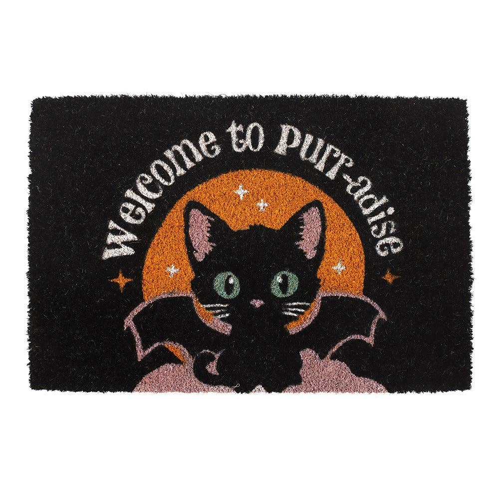 Black Welcome to Purr-adise Gothic Bat Cat Doormat