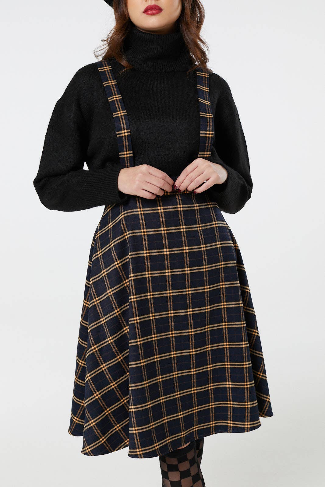 Alternative Checker Pinafore Navy&Yellow Midi Swing Skirt