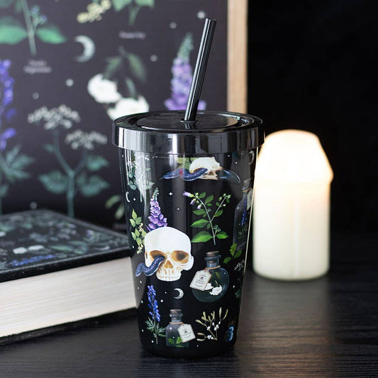 Venom & Vines Gothic Skull Print Tumbler with Straw