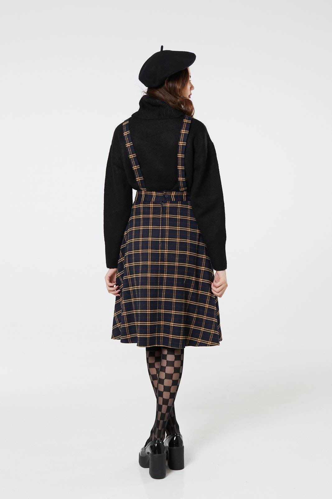 Alternative Checker Pinafore Navy&Yellow Midi Swing Skirt