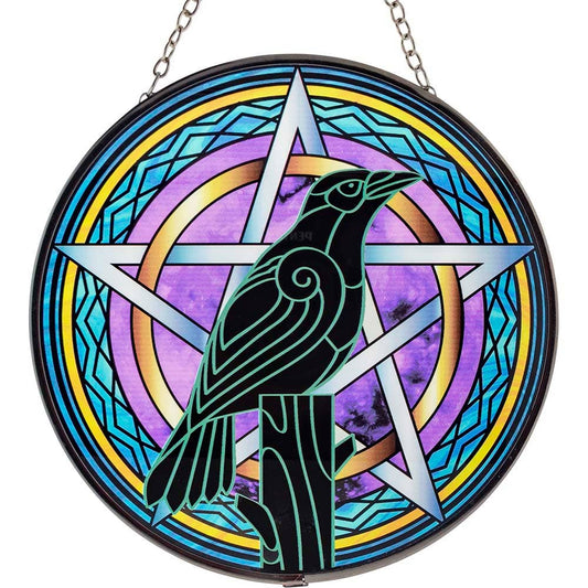 Glass Suncatcher-Raven & Pentacle 6"Dia
