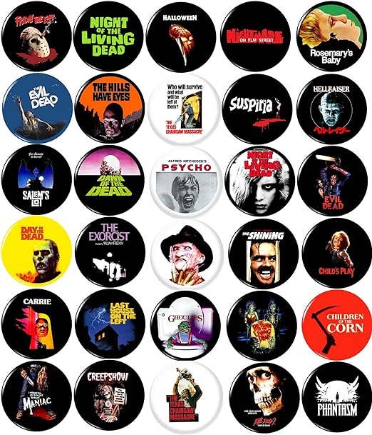 30 x Horror Movie 1 Inch Set of 30 button pins Halloween VHS