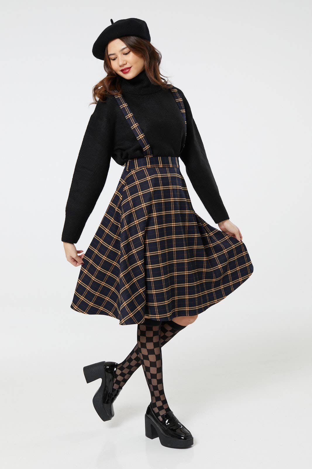 Alternative Checker Pinafore Navy&Yellow Midi Swing Skirt