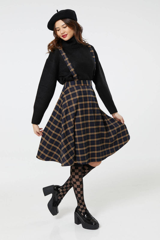 Alternative Checker Pinafore Navy&Yellow Midi Swing Skirt