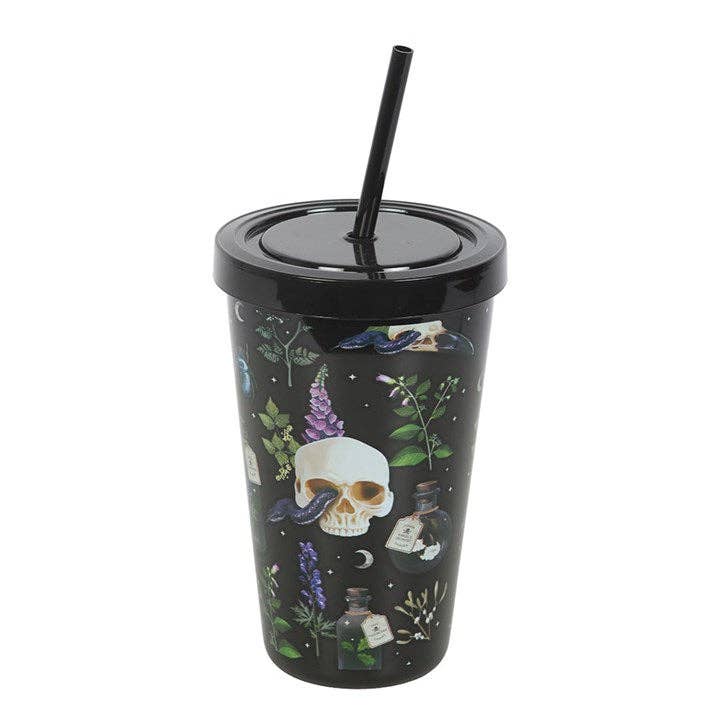 Venom & Vines Gothic Skull Print Tumbler with Straw
