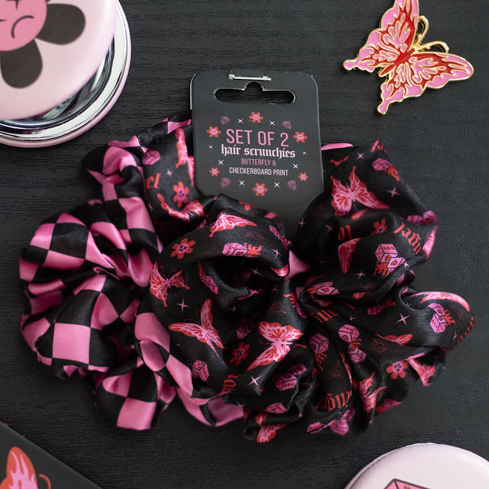 Set of 2 Pink Butterfly and Checkerboard Hair Scrunchies