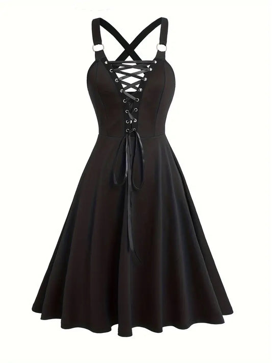 Sleeveless A-Line Dress with Crisscross Lace-Up Straps – V-Neck, Stretchy Polyester Blend