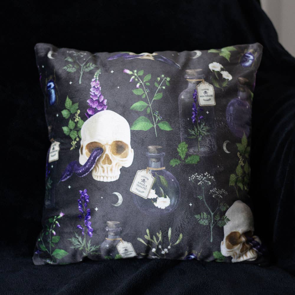 35cm Square Venom & Vines Gothic Skull Print Cushion