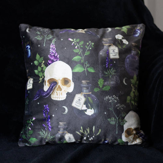 35cm Square Venom & Vines Gothic Skull Print Cushion