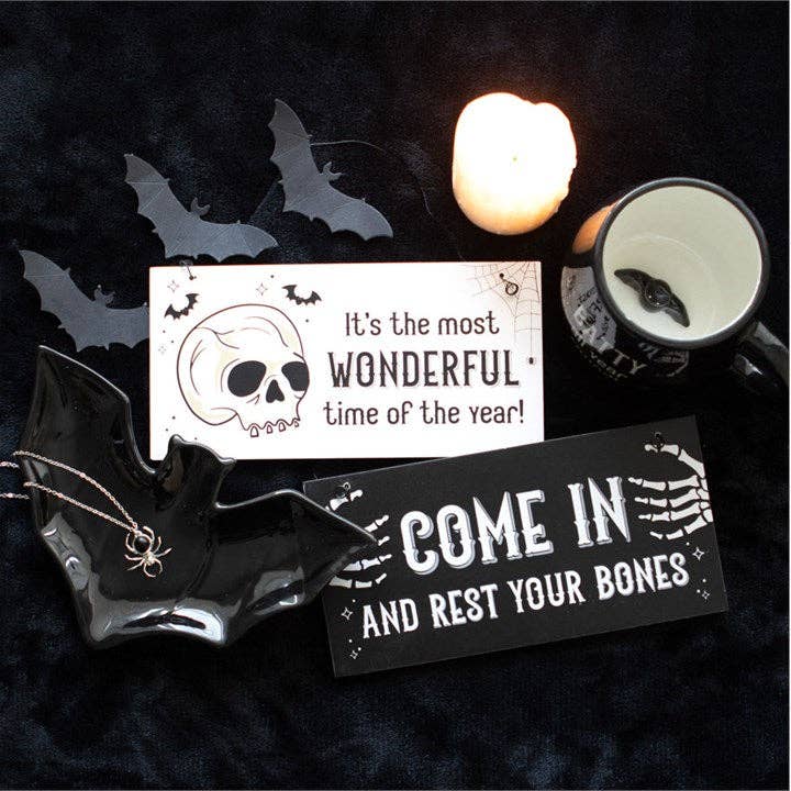 Gothic Halloween Come In and Rest Your Bones Hanging Sign