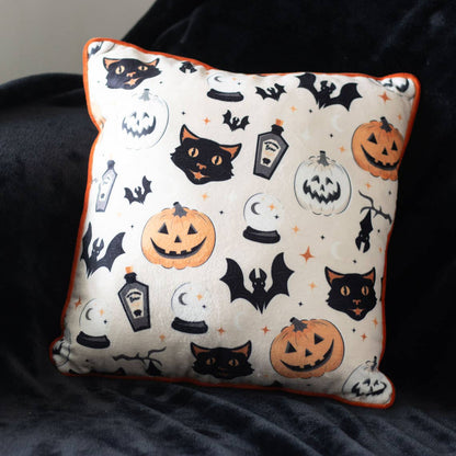 35cm Square Spooky Cat and Pumpkin Halloween Print Cushion