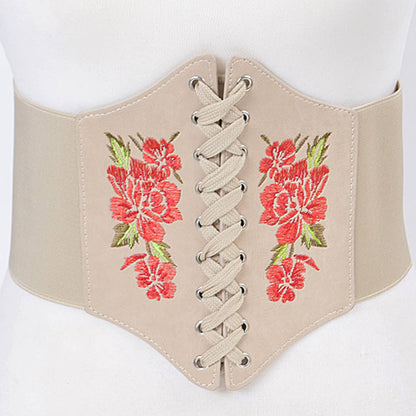 Corset Thick Belt With Red Rose Details