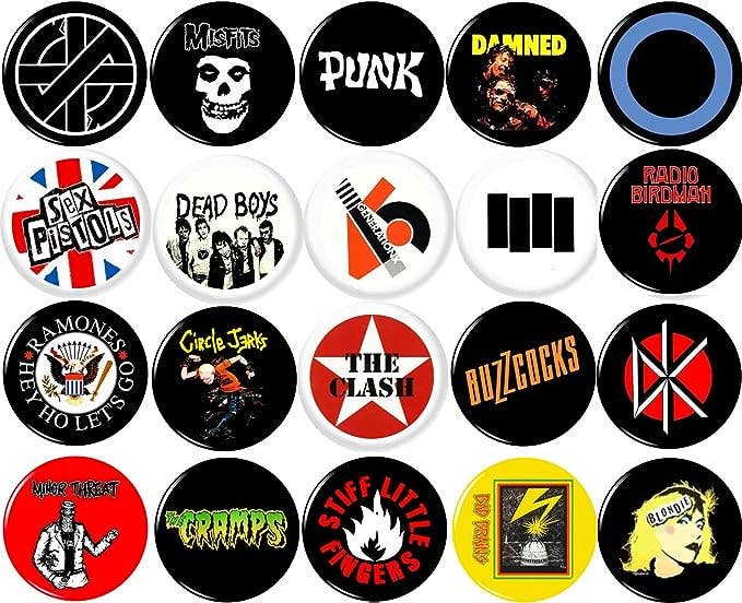 Punk x 20 1"inch (25mm) pins record store rock band tshirts