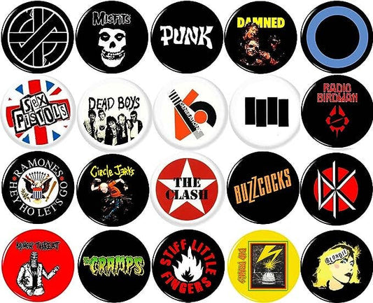 Punk x 20 1"inch (25mm) pins record store rock band tshirts