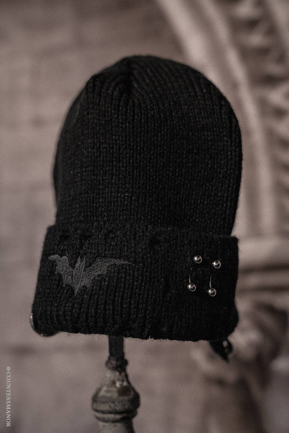 Distressed Pierced Beanie [Black Bat]