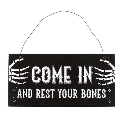 Gothic Halloween Come In and Rest Your Bones Hanging Sign