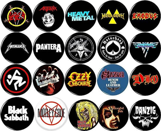 Heavy Metal bands x 20 1" inch (25mm) pins goth record store