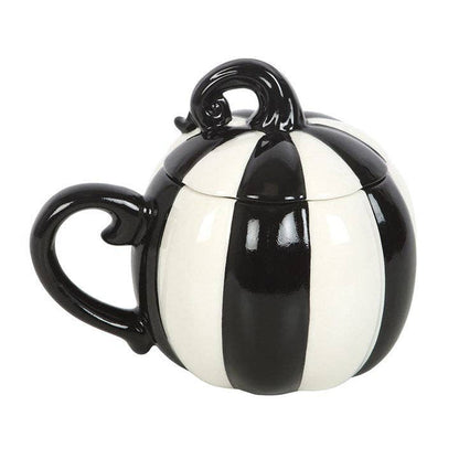 Black and White Striped Lidded Halloween Pumpkin Mug