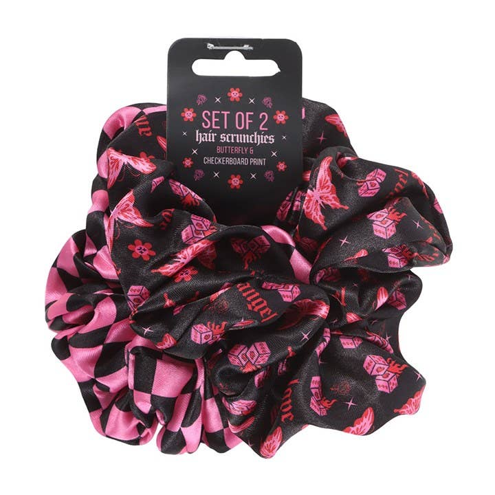 Set of 2 Pink Butterfly and Checkerboard Hair Scrunchies