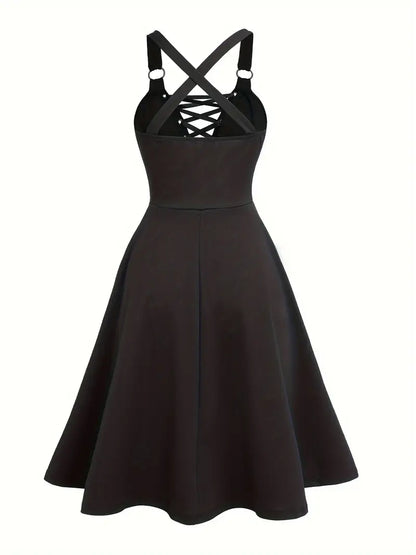 Sleeveless A-Line Dress with Crisscross Lace-Up Straps – V-Neck, Stretchy Polyester Blend