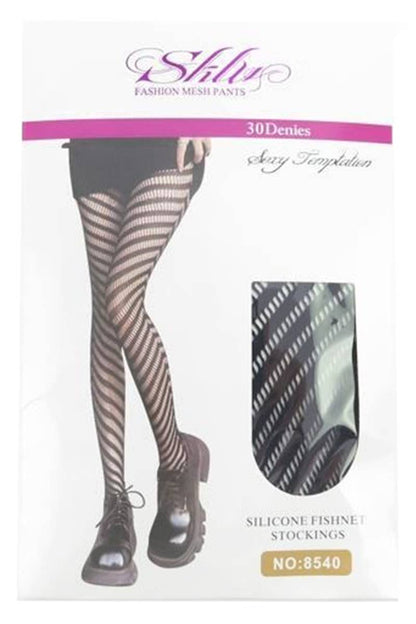 High Rise Diagonal Stripe Chevon Net Sheer Tight Pantyhose