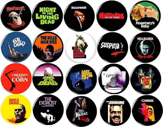 Horror movies #2 x 20 1"inch (25mm) pins 1980s halloween VHS