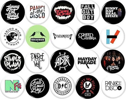 EMO BANDS button pin set of 20 1"inch (25mm) Pop Punk Indie