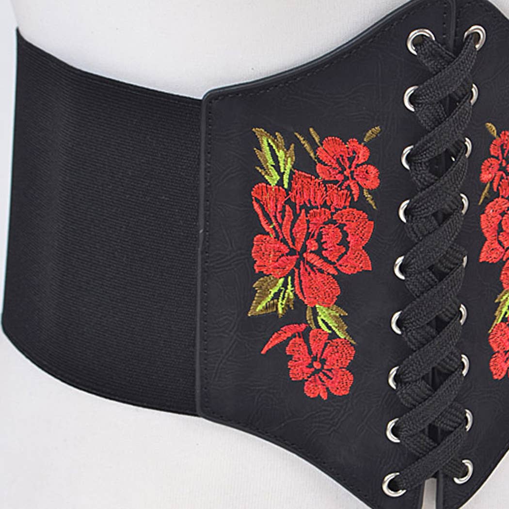 Corset Thick Belt With Red Rose Details