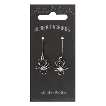 Gothic Black Obsidian Spider Threader Earrings