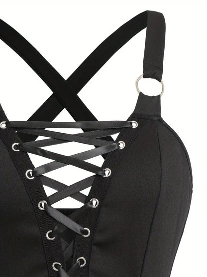 Sleeveless A-Line Dress with Crisscross Lace-Up Straps – V-Neck, Stretchy Polyester Blend