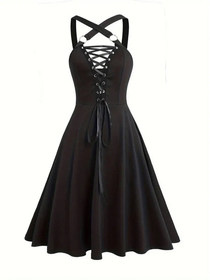 Sleeveless A-Line Dress with Crisscross Lace-Up Straps – V-Neck, Stretchy Polyester Blend