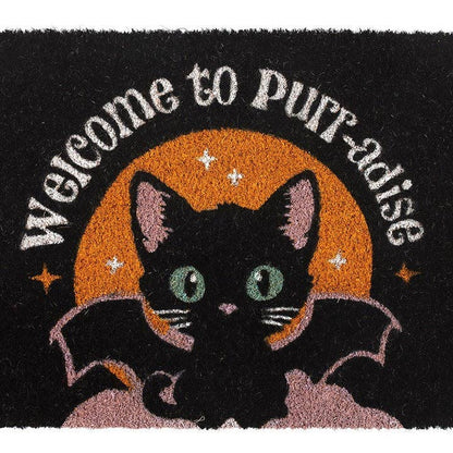 Black Welcome to Purr-adise Gothic Bat Cat Doormat