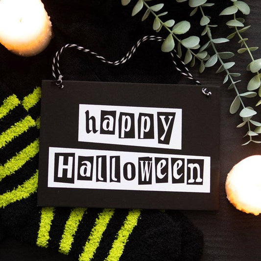 Gothic Black and White Happy Halloween Hanging Sign