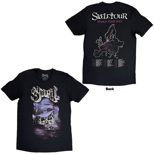 Ghost Unisex T-Shirt: Skeletour Admat '25 Tour Dates (Black) (Back Print) (Small)