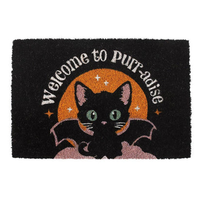 Black Welcome to Purr-adise Gothic Bat Cat Doormat